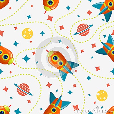 Seamless cosmic pattern with rocket, saturn, moon and star. Space pattern on white background Vector Illustration